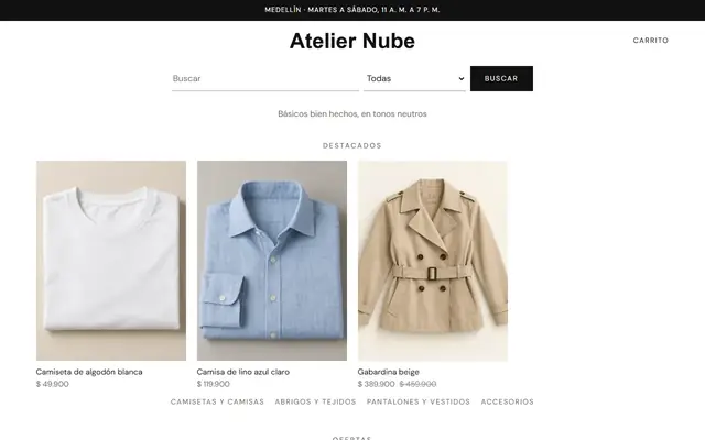 Tienda de ejemplo con la plantilla Boutique Minimalista