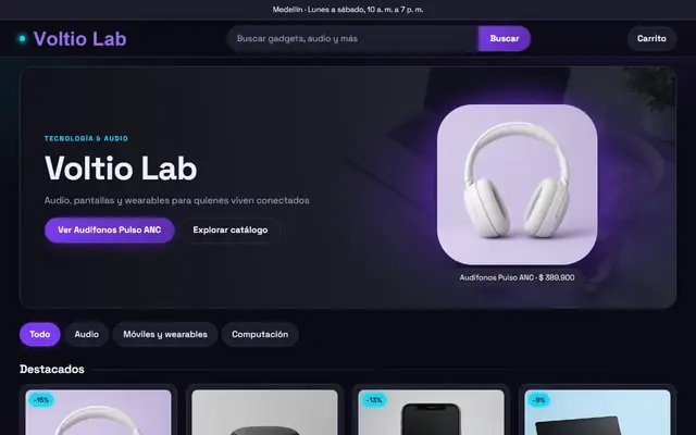 Tienda de ejemplo con la plantilla Gadget Oscuro