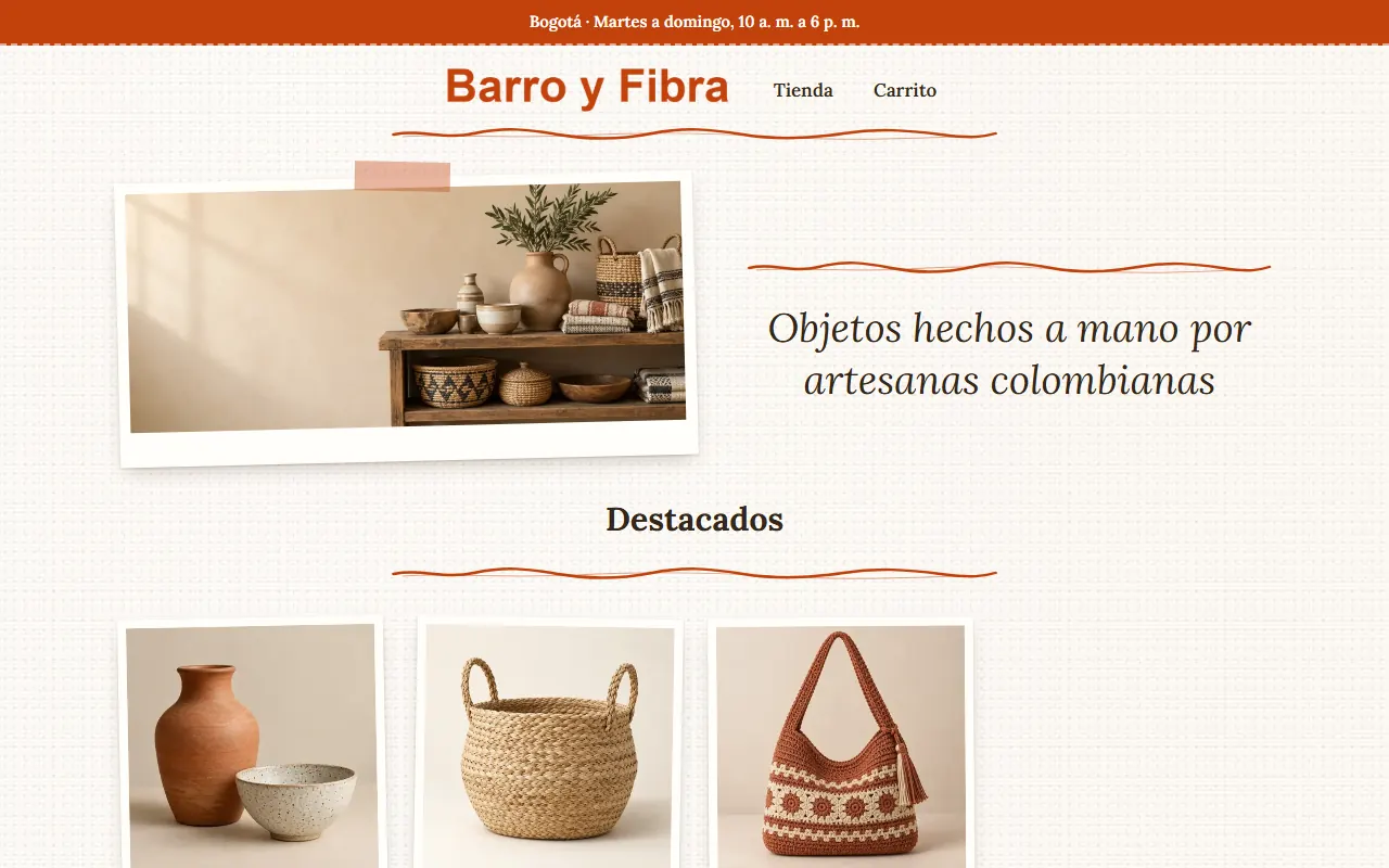 Tienda de ejemplo con la plantilla Artesanal Cálido
