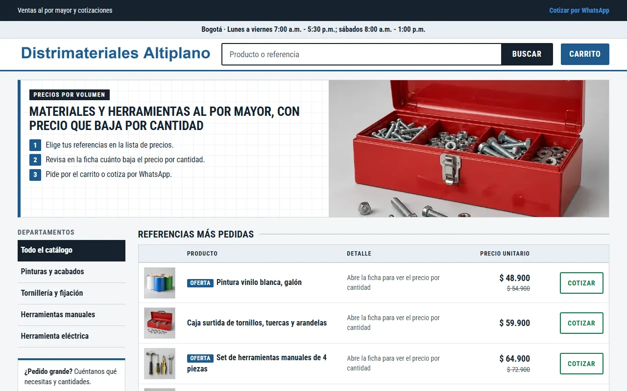 Tienda de ejemplo con la plantilla Materiales y Mayoreo